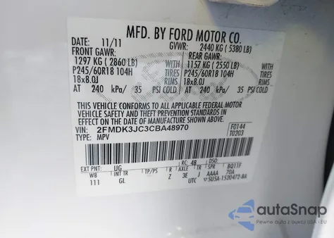 2012 Ford Edge Sel из США, поврежденный, VIN 2FMDK3JC3CBA48970